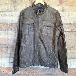Zara Man Brown Vegan Leather Zip Bomber Jacket